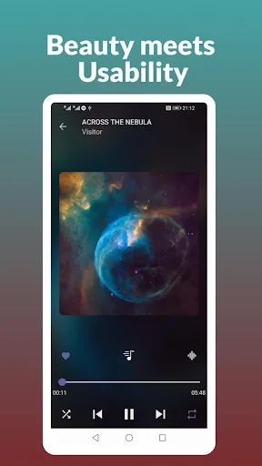 Now playing screen with cosmic album artwork, playback controls, and progress bar in dark theme music player interface