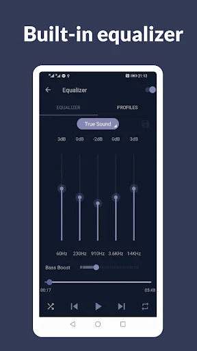 Built-in audio equalizer with frequency sliders, bass boost controls, and True Sound profile for enhanced music playback