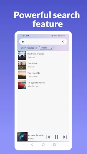 Powerful search feature displaying filtered track results with album artwork and artist information in music player
