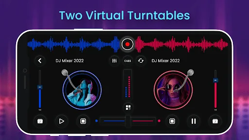 DJ Music Mixer interface with two virtual turntables displaying blue and red waveforms for dual track mixing and remixing