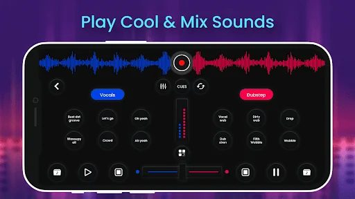 Sound pad mixer with vocal and drum controls and multiple sound effect buttons for creating custom music tracks and remixes