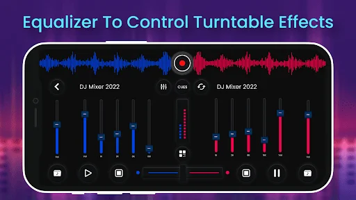 Equalizer interface with blue and red frequency sliders for controlling turntable effects and audio quality in DJ mixing
