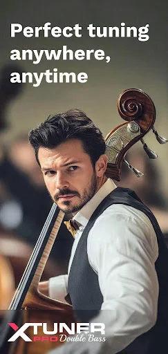 Promotional image of musician with double bass featuring Perfect Double Bass Tuner app tagline 'Perfect tuning anywhere, anytime'