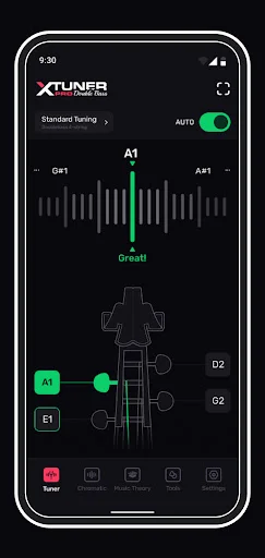 Chromatic tuner interface displaying A1 note with green frequency visualization, auto-tuning toggle, and double bass neck diagram with tuning reference