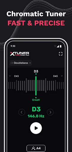 Chromatic tuner showing D3 note at 146.8 Hz with green frequency bar, play button, and accurate pitch detection for fast precise double bass tuning