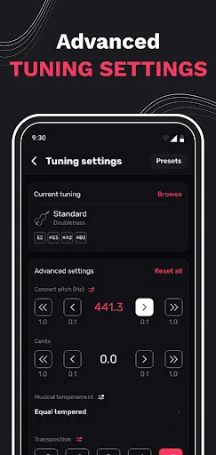 Advanced tuning settings screen with concert pitch adjustment to 441.3 Hz, equal temperament options, and transposition controls