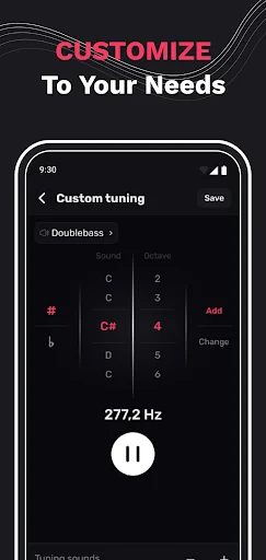 Custom tuning interface with on-screen keyboard for selecting notes and adjusting frequencies, displaying 277.2 Hz for personalized double bass setup