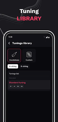 Tuning library menu showing preset options including Standard Doublebass, Custom, 4-string, and 5-string tuning configurations
