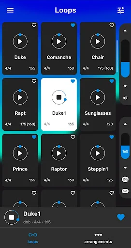 Drum Loops library screen displaying drum beat cards with play buttons, BPM, time signatures, and favorite icons