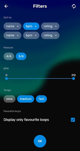 Filters panel with sort options by name and BPM, time signature selection, BPM range slider, tempo presets, and favorite loops toggle