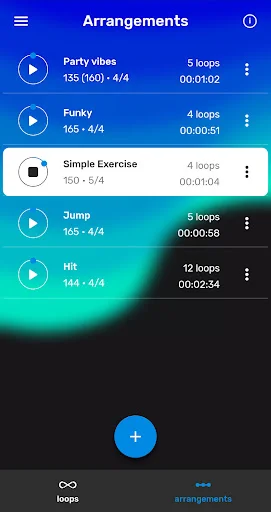 Arrangements list showing drum loop compilations including Party Vibes, Funky, and Jump with play buttons, loop counts, and duration