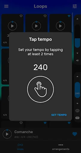 Tap tempo setup dialog for setting BPM by tapping at least 2 times, displaying current tempo of 240 BPM with visual tap indicator