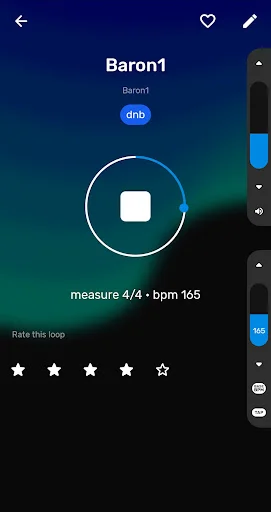 Baron1 drum loop detail page showing genre tag, 4/4 time signature, 165 BPM tempo, waveform visualization, and 4-star rating