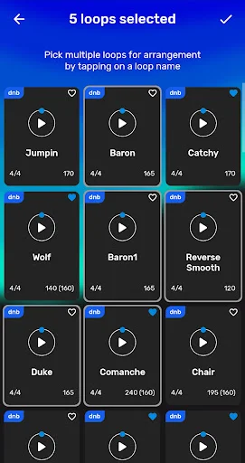 Loop selection screen showing 5 selected drum and bass beats with play buttons and dnb tags for arrangement creation