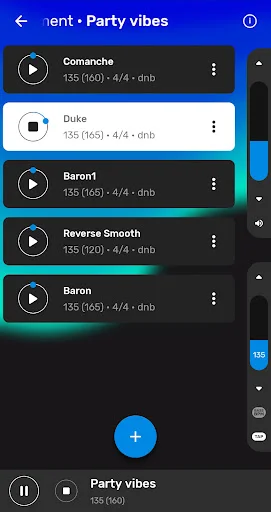 Party Vibes arrangement player displaying playlist of drum loops including Comanche, Duke, Baron1 with BPM, time signatures, and durations