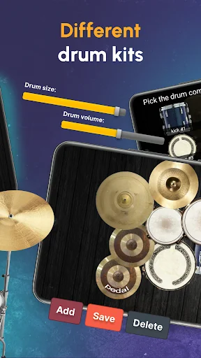 Drum Kit app interface showing customizable drum kits with size and volume sliders, cymbals, and drum components