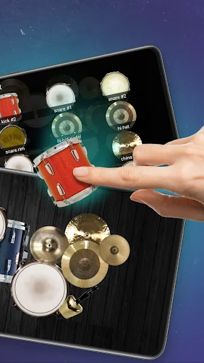 Hands playing virtual drums on tablet screen with realistic drum kit including red drums, cymbals, and percussion elements
