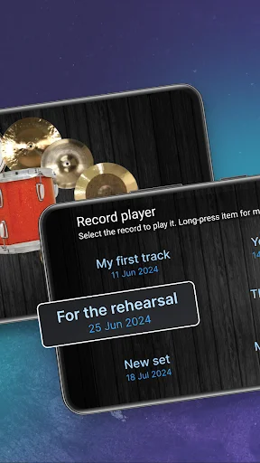 Drum app record player menu showing saved tracks list including 'My first track' and 'For the rehearsal' options