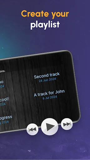 Create playlist screen in drum app displaying saved tracks with dates and playback controls for music organization