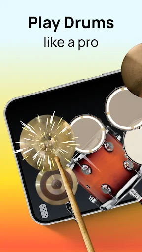Drum Set app screenshot showing realistic 3D drums on phone with drumsticks and 'Play Drums like a pro' text