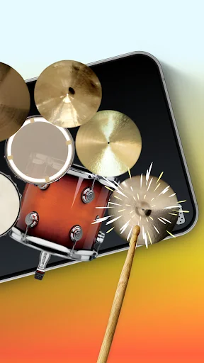 Mobile drumming app interface displaying detailed drum kit with cymbals, snare, and drumsticks for realistic music simulation