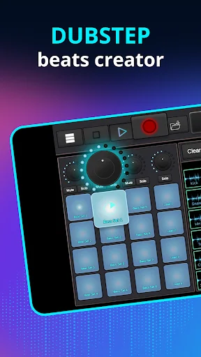DubStep Music & Beat Creator app main interface with beatpad grid, recording controls, and circular sound mixer on purple background