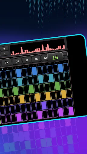 Dubstep beat sequencer with colorful grid pattern, audio waveform display, and tempo controls for electronic music production