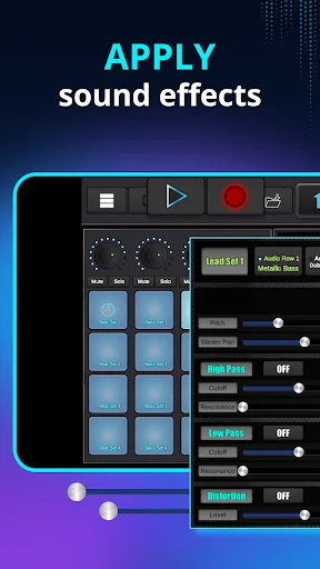 Sound effects panel in DubStep app showing beat pads, audio sliders, and mixing controls for applying dubstep effects