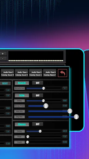 Advanced audio mixing console with track controls, sliders, and effect toggles for professional dubstep music creation