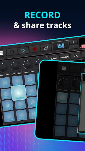 Recording interface showing tempo at 150 BPM with dual beatpads for recording and sharing dubstep tracks and beats