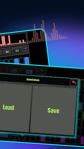 Save and load menu in DubStep Creator with saved beats library and colorful audio visualizer background display