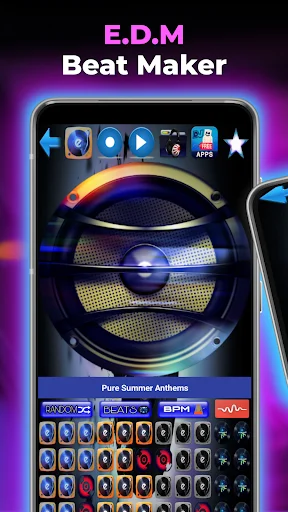 E.D.M Beat Maker app main interface with virtual turntable, Pure Summer Anthems track, and grid of beat pads for EDM music creation