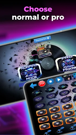 EDM Beat Maker app mode selection screen showing Normal vs Pro options with DJ mixer interface and beat pad controls