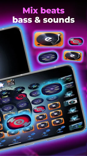 Mix beats bass and sounds interface in EDM Beat Maker app displaying highlighted beat pads and audio control elements