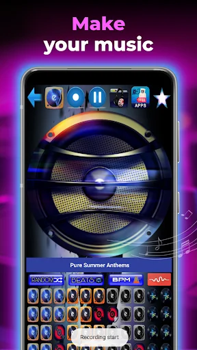 EDM Beat Maker music creation interface with turntable controls, beat grid, and recording start notification for making beats