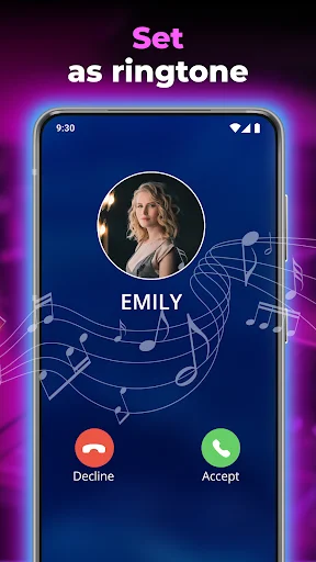 Set custom ringtone feature showing incoming call from Emily with EDM music notes background in Beat Maker app