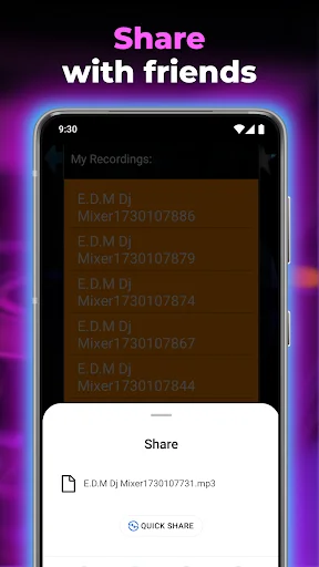 Share EDM recordings with friends interface displaying list of created beats and quick share options in Beat Maker app