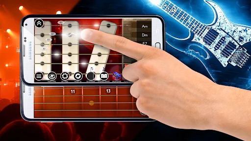User touching virtual guitar fretboard on smartphone with interactive strings and note buttons