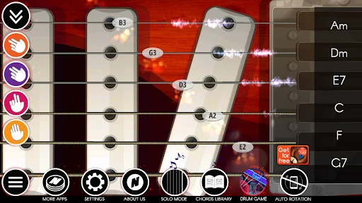 Chord learning mode displaying finger positions and names (Am, Dm, E7, C, F, G7) with menu options