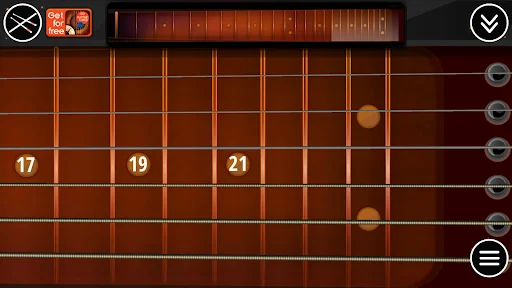 Electric guitar fretboard view with numbered frets and dots showing string and position indicators