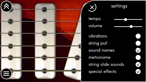 Settings interface with tempo, volume, vibrations, metronome, and special effects toggles and sliders