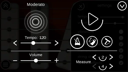 Metronome display with Moderato tempo at 120 BPM, drum sounds selection, and measure controls
