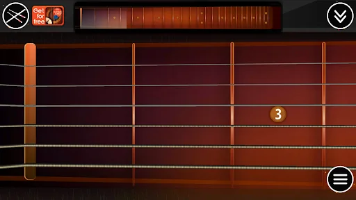 Guitar fretboard close-up showing six strings with numbered frets and highlighted note position three