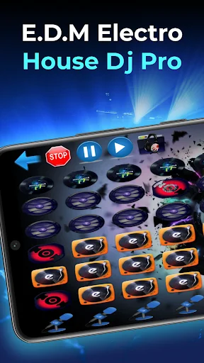 E.D.M ElectroHouse Dj Pro app interface showing colorful beat pad grid with play, stop controls for electronic music mixing