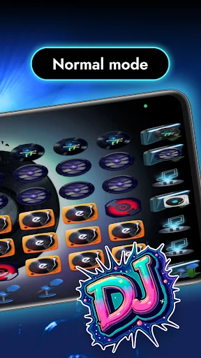 EDM DJ app Normal mode featuring sound pad matrix with DJ logo, electronic music production interface for party mixing