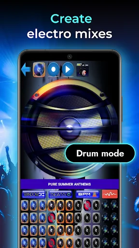 Create electro mixes screen in Drum mode showing circular beat selector, pure summer anthems pack for DJ music production