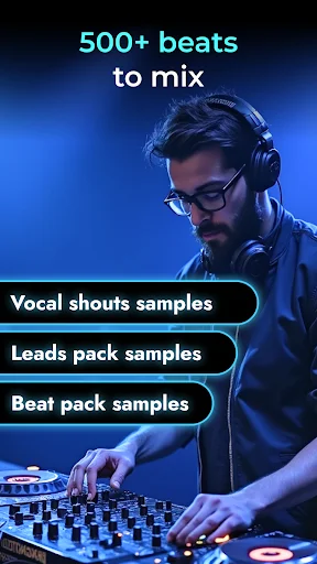 EDM DJ app displaying 500+ beats library with vocal shouts, leads pack, beat samples for electronic music mixing