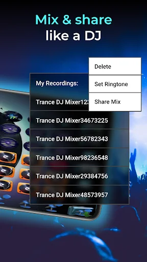 Mix & share interface displaying My Recordings list with trance DJ mixes, delete and share options for music creations
