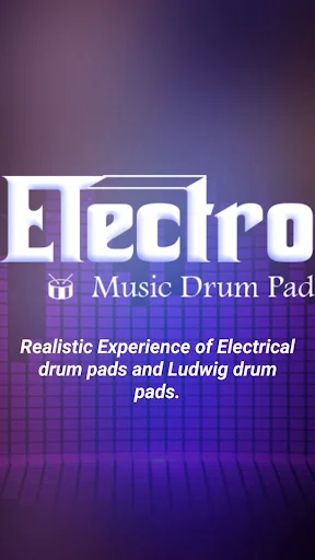 Electro Music Drum Pads 2025 app splash screen with purple gradient background and app logo featuring realistic drum experience