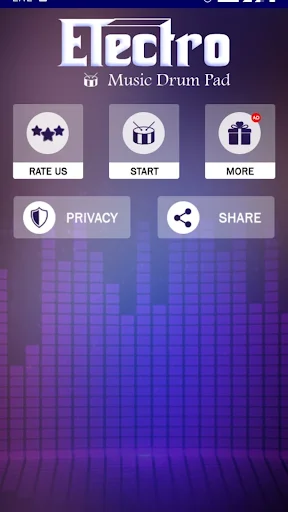 Electro Music Drum Pads main menu with Start, Rate Us, More, Privacy and Share buttons on purple audio waveform background